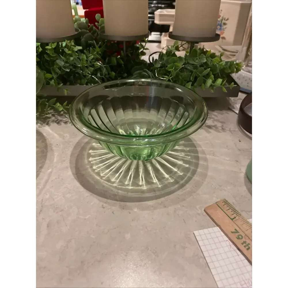 Vintage Hazel Atlas Ribbed Green Uranium Small bowl c1930 MCM 9x4 Glows.